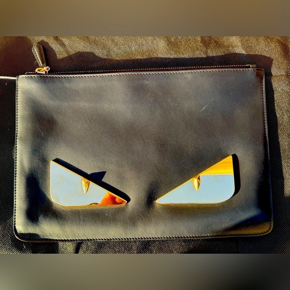 Fendi Monster Clutch Black Leather Gold hardware EUC RARE Collectible - Picture 1 of 11